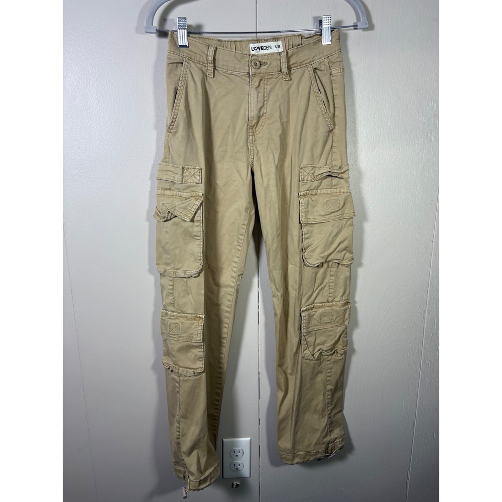 Lovegen Women Tan Khaki Cargo Pants Multi-Pocket Utility Trousers Size 5/28